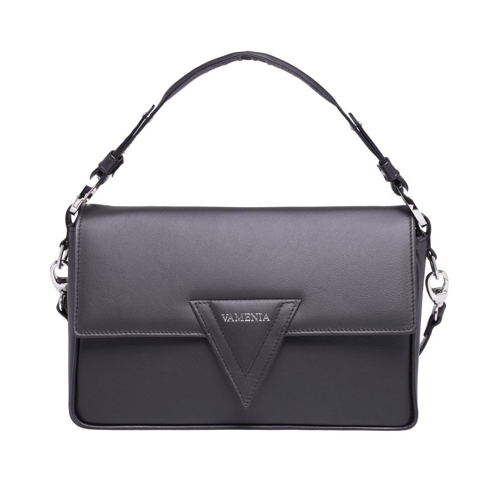 Schultertasche aus glattem Kalbsleder schwarz